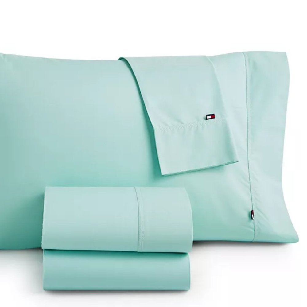 Queen 100% Cotton Percale Sheet Set in Seagrass 4-Piece  Hilfiger Sheet Set